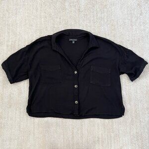 Moa Moa Black Short Sleeve Summer Button Up Blouse Crop Top XL